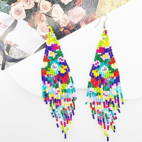 Flower Bohemian Seed Bead Tassel Dangling Statement French Wire Hook Earrings - Picture 2 of 6